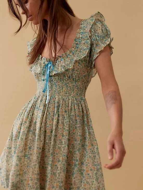 free people Dresses & Skirts - Free People Tasha Mini Dress Floral Printed Smocked Puff Sleeve XS